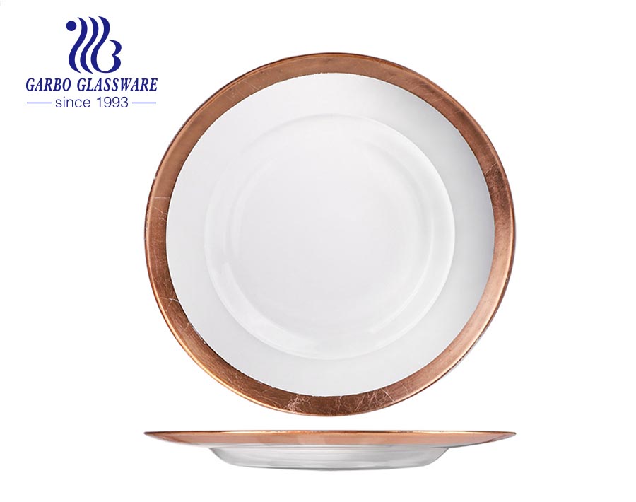 Elegant table decorative luxury dinner glass plate with glass plate charger gold rim