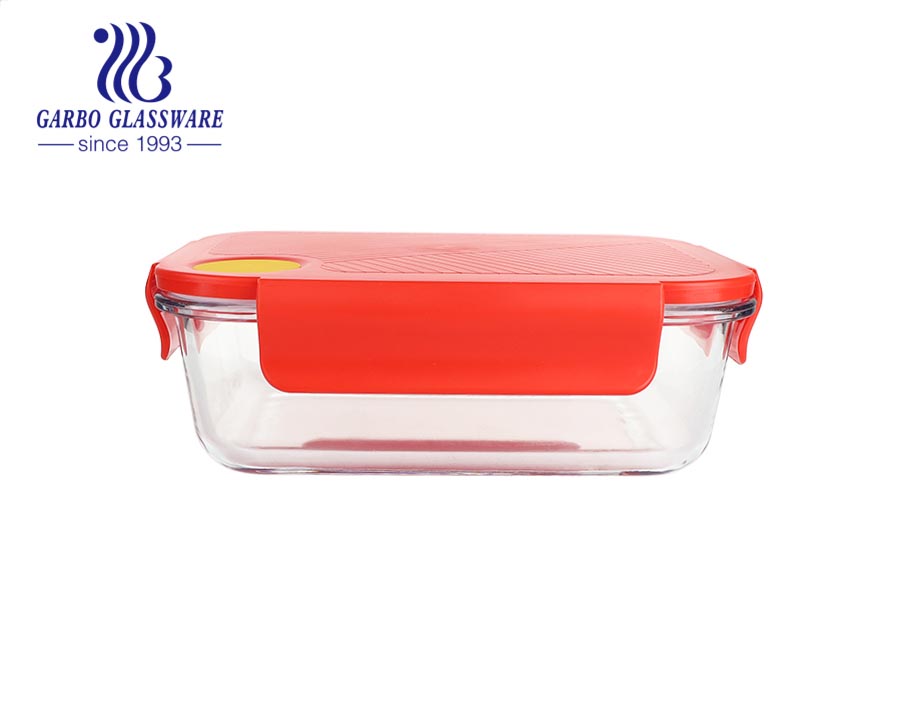 صندوق غداء زجاجي شهير في الميكروويف 630 مل حاوية طعام زجاجية مستطيلة الشكل مع أغطية حمراء للطعام