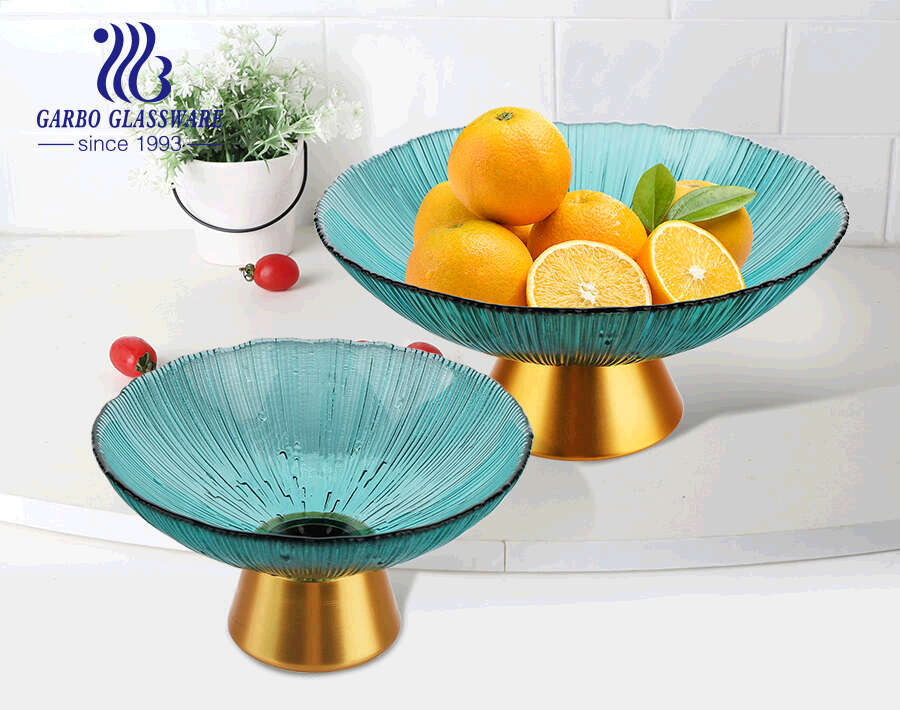 10 inch Blue Spraying Glass Fruit Plate with Thick Base Glass Salad Dish with High End Quality