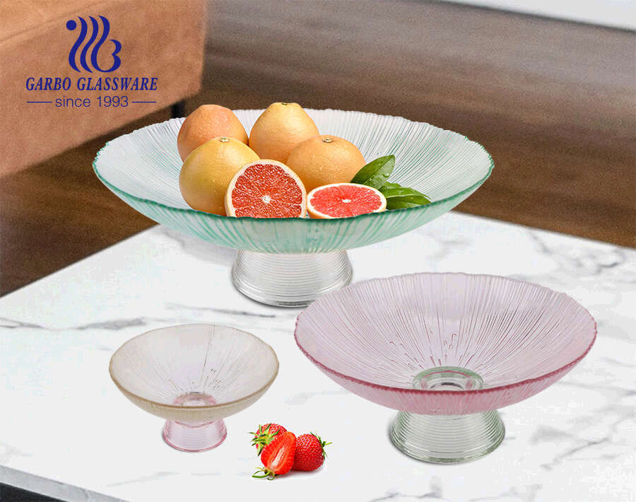 10 inch Blue Spraying Glass Fruit Plate with Thick Base Glass Salad Dish with High End Quality
