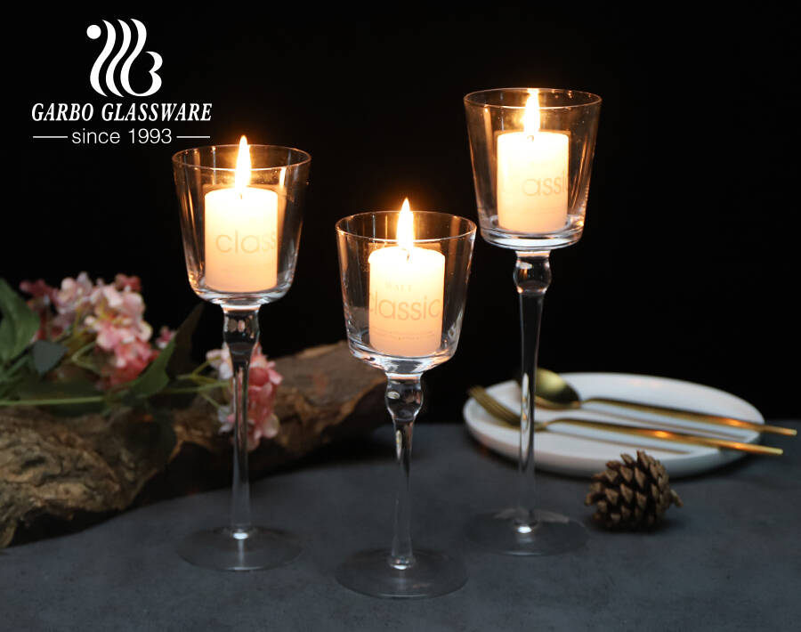 Wholesale handmade tall long stemmed clear glass candle holders decoration