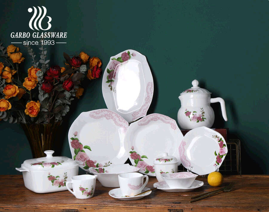 Promotion pour ensemble de 58 pièces ensembles de vaisselle personnalisables assiettes en verre trempé bol ensemble de vaisselle en opale