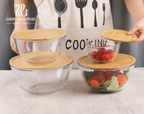 heat resistant high borosilicate glassware baking bowls 4pcs set precook mixing bowls with bamboo lid cutting board