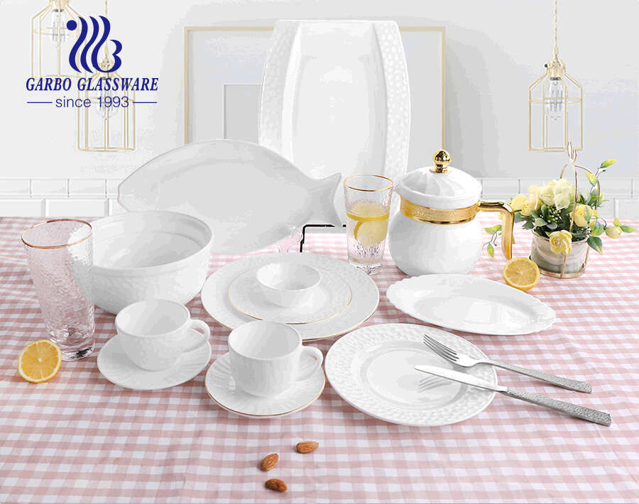 Heat Resistant Opal Glass hammer design 33 58 72 pcs dinner set tableware fish bowl plate spoon tea cup mugs with golden rim