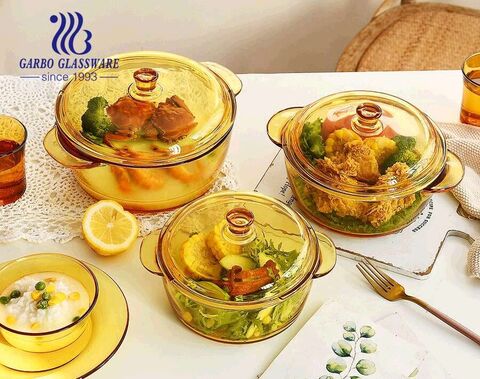 Garbo stock heat resistant amber solid glass casseroles 1300ml with glass lid Supermarket