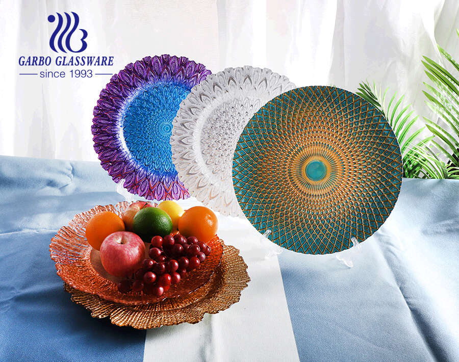 vente en gros arbre-texture or / argent jante décorative chargeur de verre gâteau assiettes de fruits ensembles vaisselle pour la fête