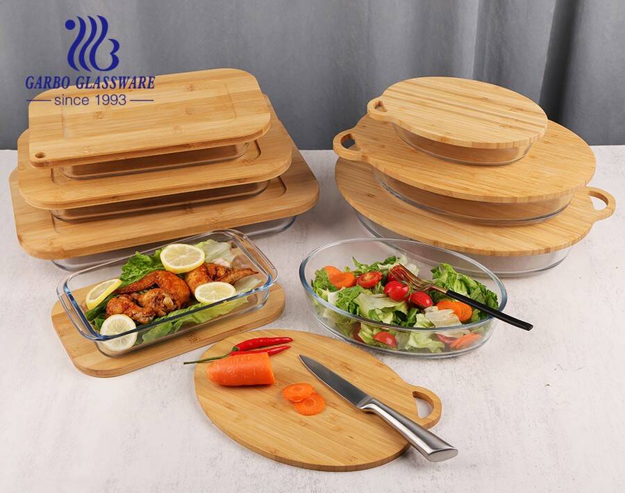 Ensemble de bols de cuisson en forme ovale 4 pièces allant au four ensemble de bols de cuisson en verre borosilicaté avec couvercle en bambou
