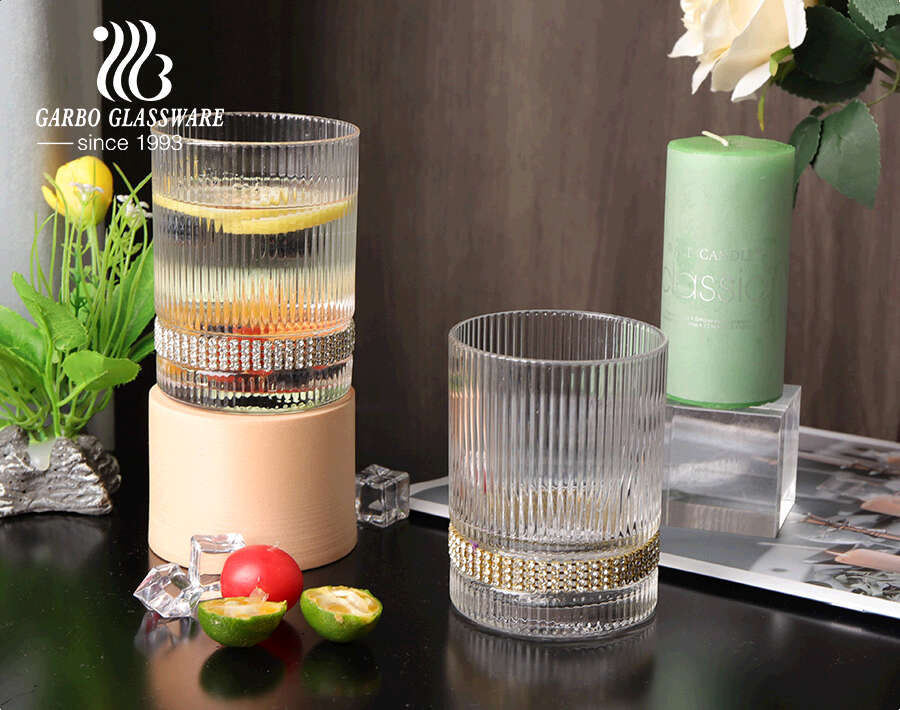 Handmade high-quality glass water drinking cup with engraved strip design diamond decal for home bar use