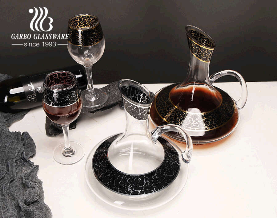 Wholesale stocked 7pcs golden marble decal design glass red wine decanter set with goblet for home use