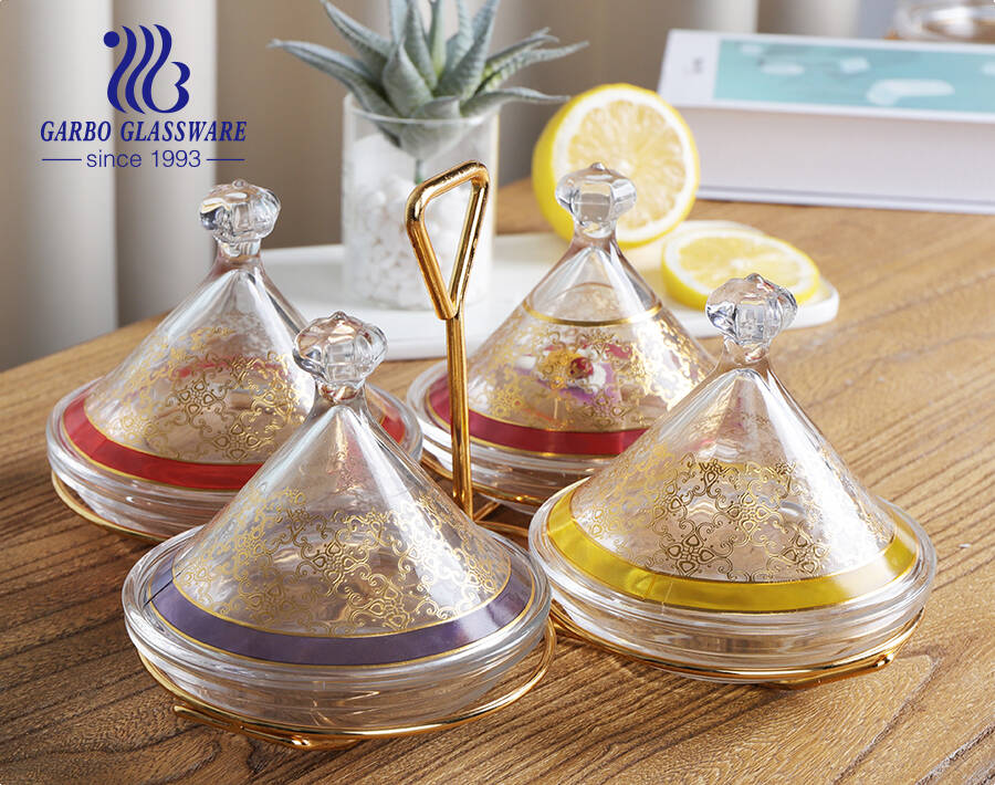 Arabian style glass fruits candy storage jar with engraved or decal triangle lid