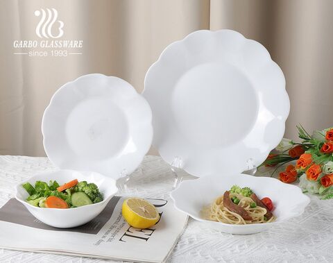 24-Piece white opal glass set, service for 4 Dinner Plate, Appetizer Plate, and Soup or Cereal Bowl