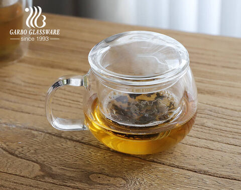 Handmade heat-resistant transparent double-wall customized glass tea coffee mug with infuser for home office use