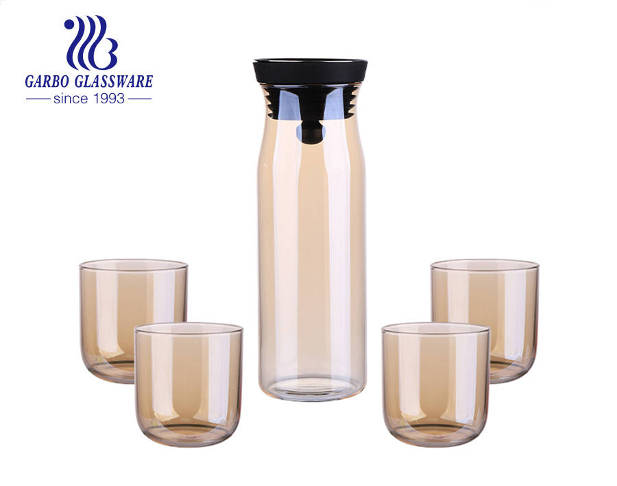 High borosilicate 5pcs set 1150ml glass jug 320ml glass water cup with amber Ion plating