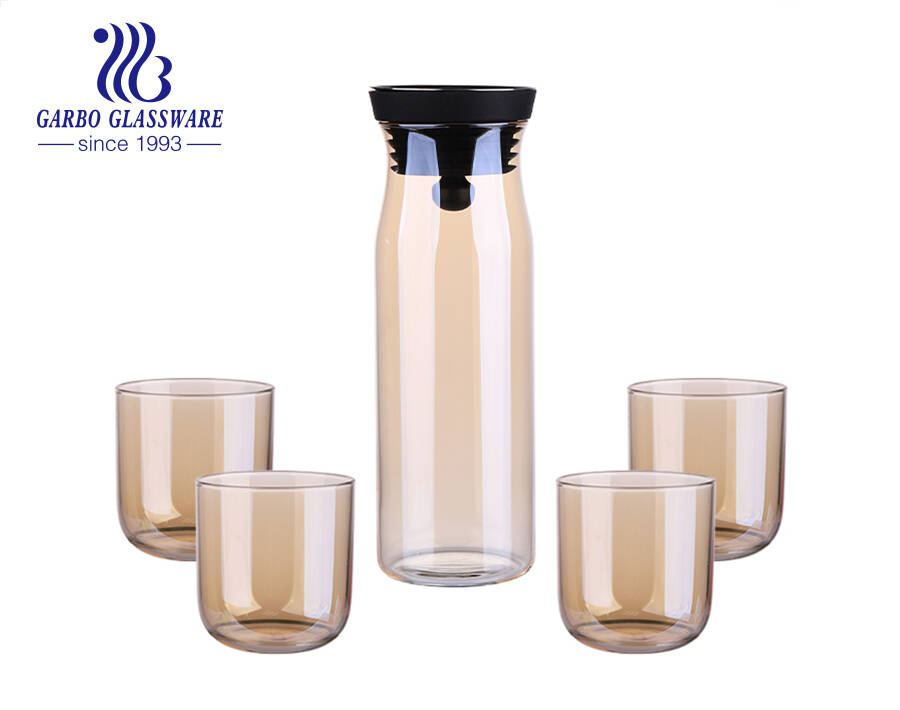 Alto borosilicato 5 pezzi set 1150 ml brocca di vetro 320 ml tazza d'acqua in vetro con placcatura ionica ambra