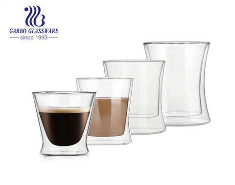 Taza de café de vidrio de doble pared de borosilicato alto en forma de U de 200 ml, 220 ml, 300 ml