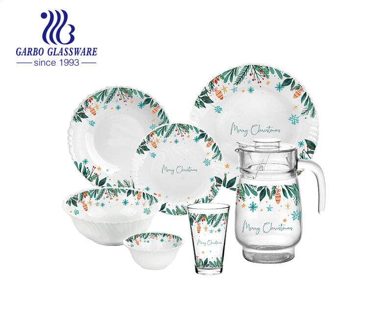 Christmas decal Transparent glass jug set opal glass dinnerware set with plate and bowl
