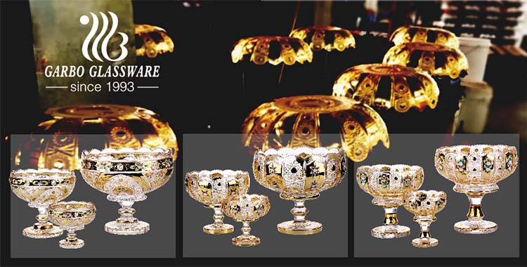 طقم صحن فواكه زجاجي مطلي بالذهب مكون من 3 قطع على طراز آسيا الوسطى