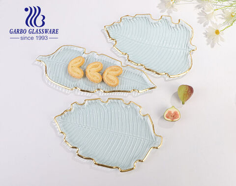 Handmade hot sale leaf shape gift wedding serving glass plate with golden rim