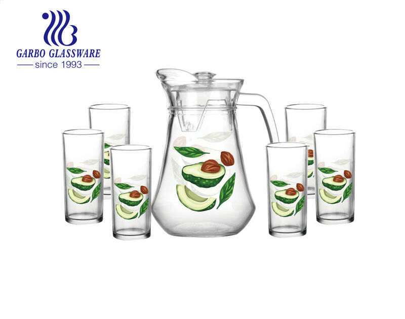 Hot sale 7pcs customized designs glass drinking pitcher set for home office use