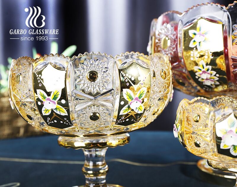 Garbo Glasswar 電気めっきガラス製フルーツボウル、ステム付き、中央アジア市場で人気