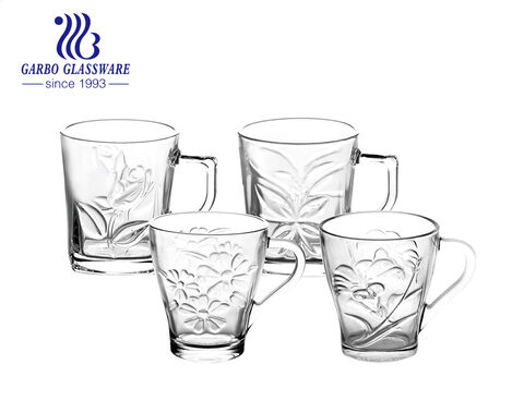 Taza de cristal para beber con diseño grabado de flores de 8 oz, taza para té y café, en stock