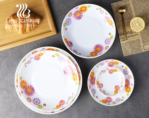 5pcs novos designs China conjunto de jantar de vidro opala branco com design de flores para mesa