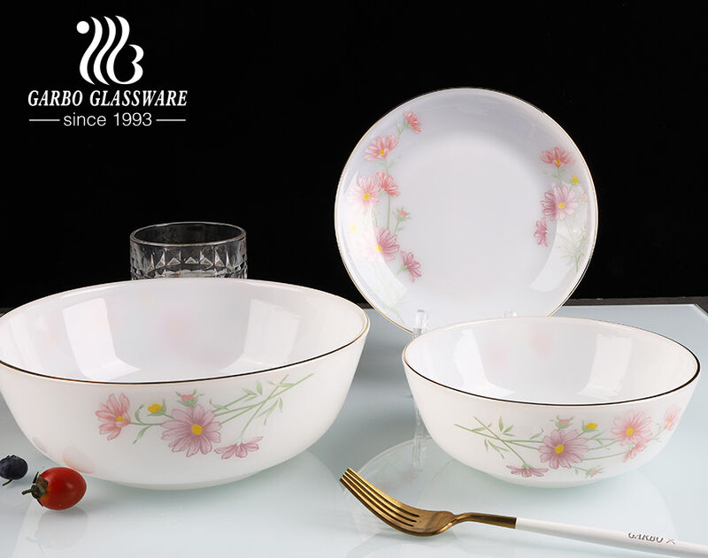 New Design Heat Resistant Opal Glassware 14PCS Jade Opal Glass Bowl Plate Dinner Set
