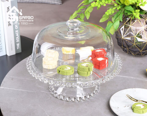 High-white embossed glass dessert cake dish with stand and decorative lid for party