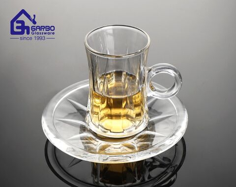 Household glasses 4 design mix mold glass tea mug with saucer set for restaurant