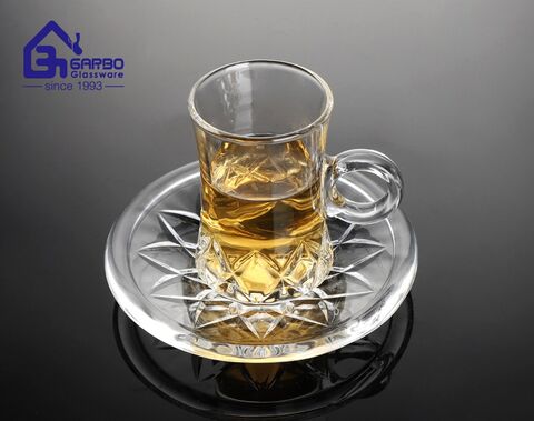 Household glasses 4 design mix mold glass tea mug with saucer set for restaurant