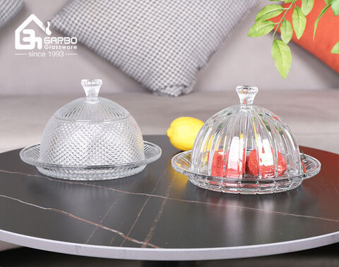 High-white embossed glass serving cake dessert dish with lid for home party use