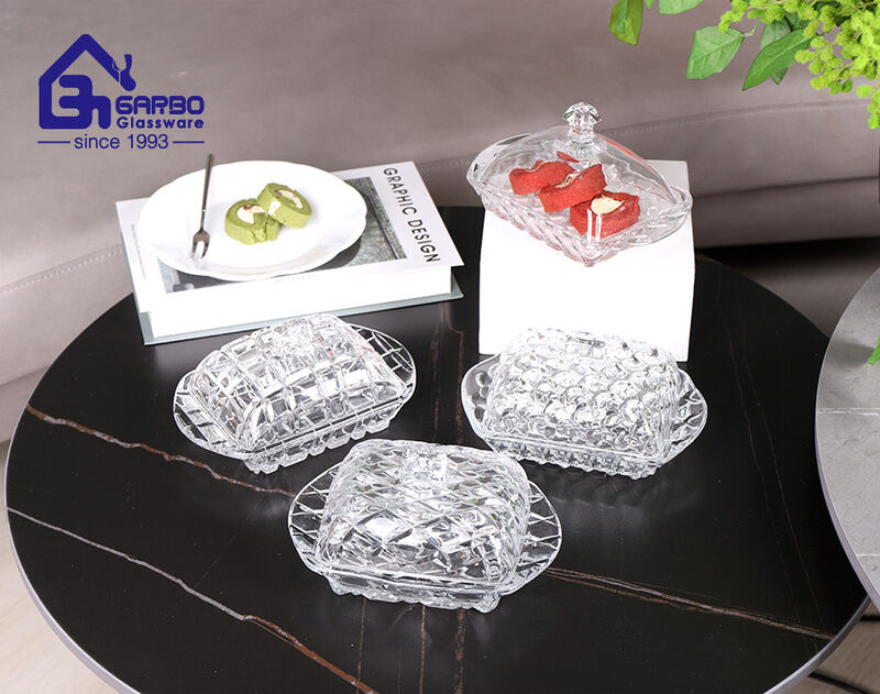 Factory high-end rectangular shape glass butter dish plate with lid for table use