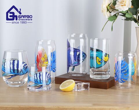 Customize designs 17oz high ball borosilicate glass cup with ocean fish decal