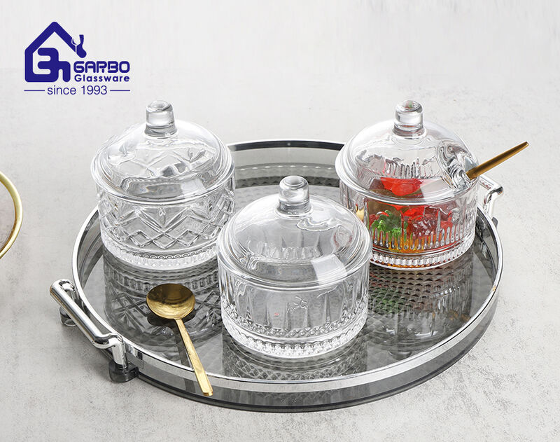 Vaso per caramelle in vetro di nuovo design in stile turco trasparente da 3.5 pollici per servire alimenti in vetro
