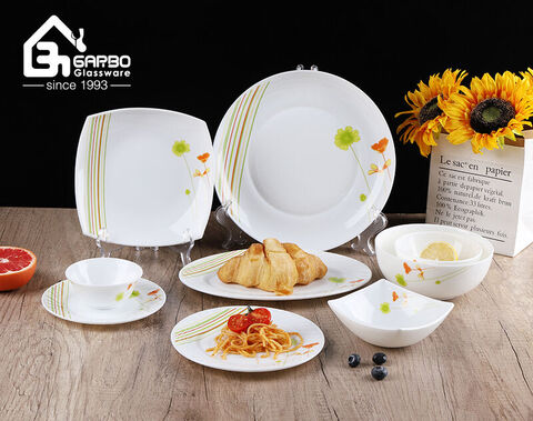 Conjunto de jantar de vidro opala com novo design de decalque temperado da China atacadista