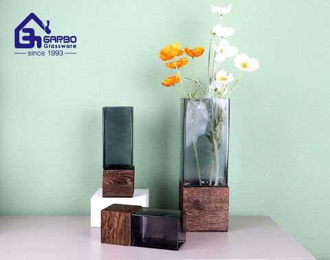 Luxury Grey Solid Color Glass Vases with Wooden Bases for the European Market