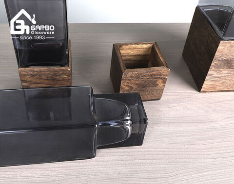 Luxury Grey Solid Color Glass Vases with Wooden Bases for the European Market