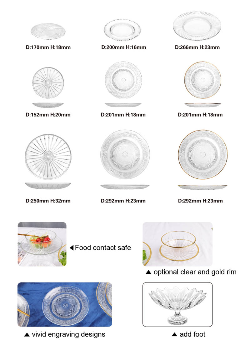 wholesale customized clear glass fruit cake charger plates glass beaded plates with silver rim