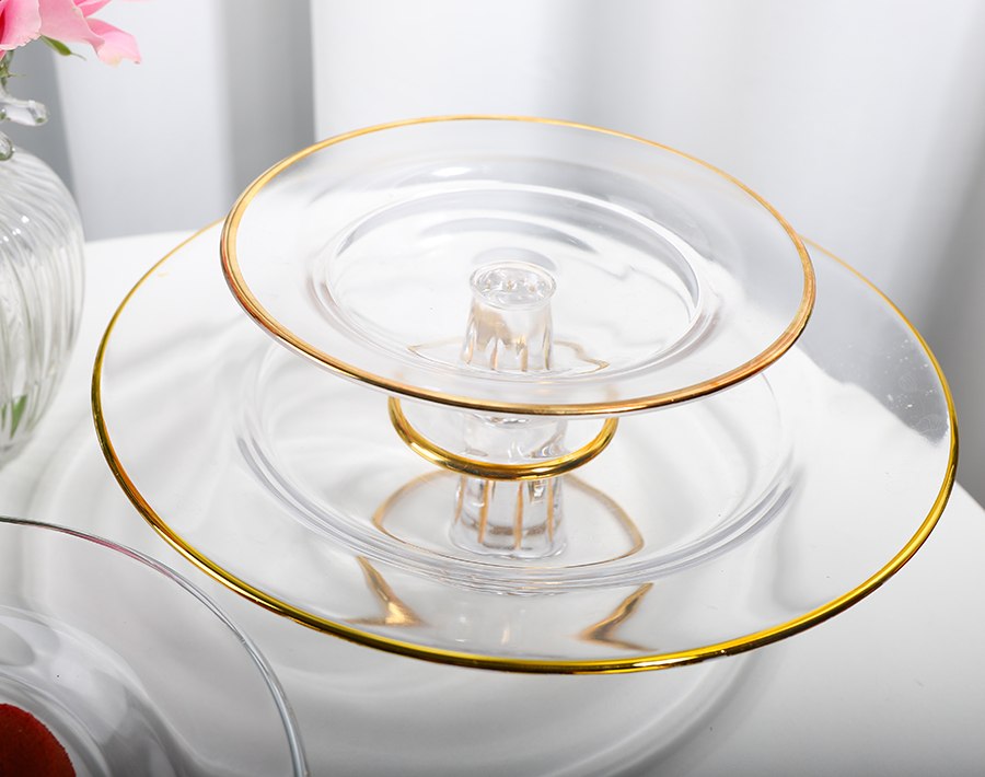Round Shape Gold Silver Rim Plates With Glass Holder for Desserts Fruit Foods