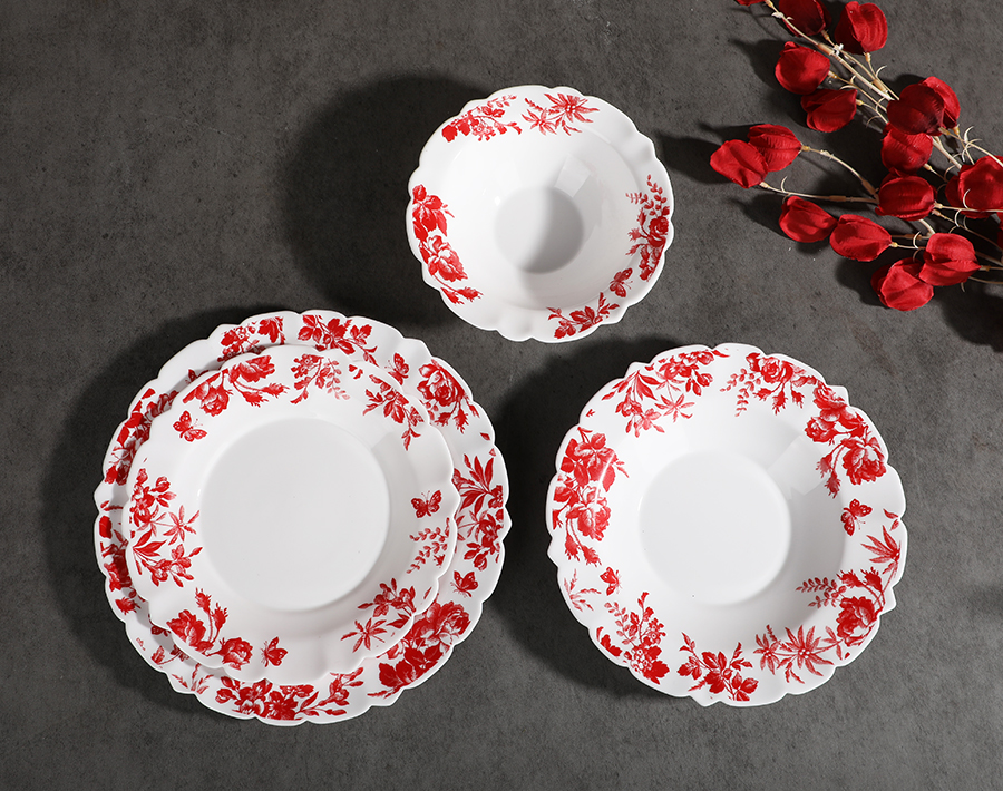 Red flower decal design opal glass dinner set factory wholesale