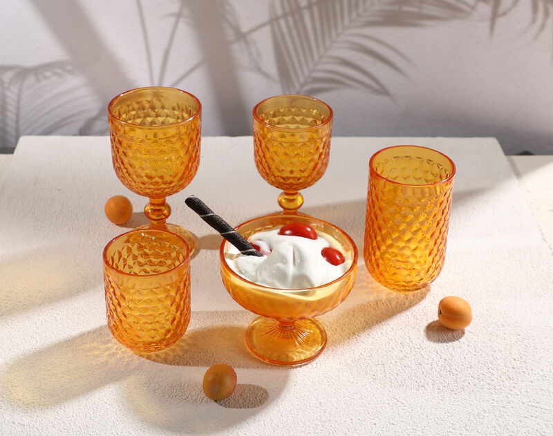Hexagon Engraved Pattern Glass Goblets Orange Glassware Sets for Ice Wine Water