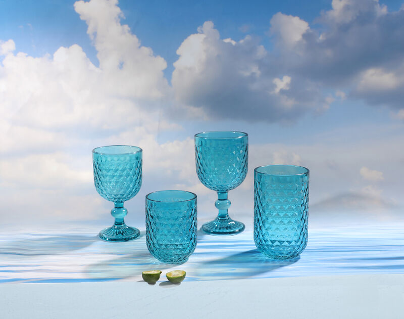 Sky blue solid color honeycomb design glass water tumbler goblet glassware