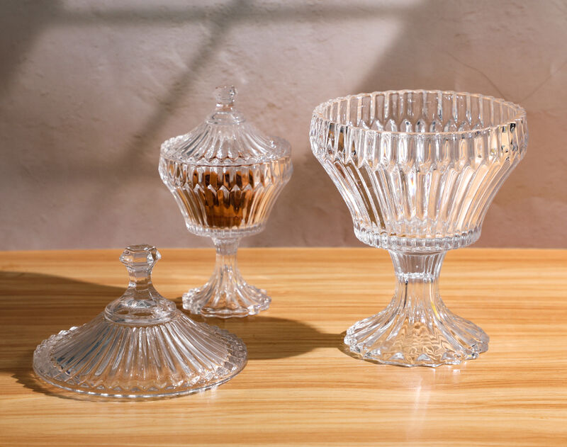 High quality new footed glass candy jar with line design