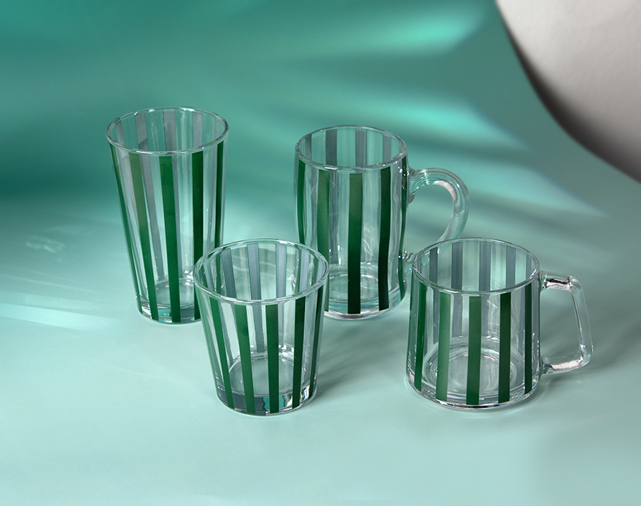 New design glass cups with decal line design colored drinking glass