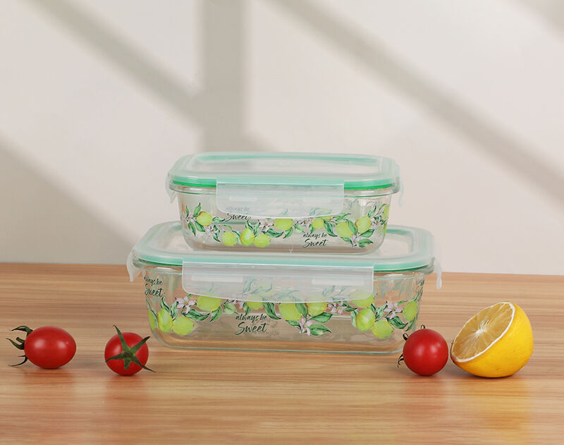 Rectangle high borosilicate glass food container with lemon decal pattern