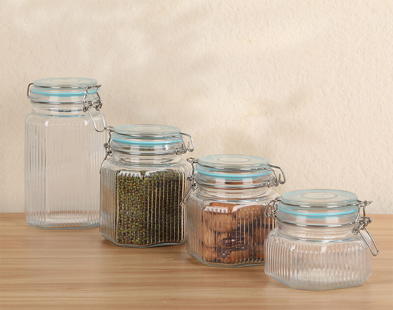 Garbo high quality glass storage jar with sealed lid line design storage bottle Garbo high quality glass storage jar with sealed lid line design storage bottle