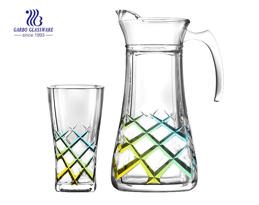 Customized spray colored 7pcs glass jug and cups water drinking set