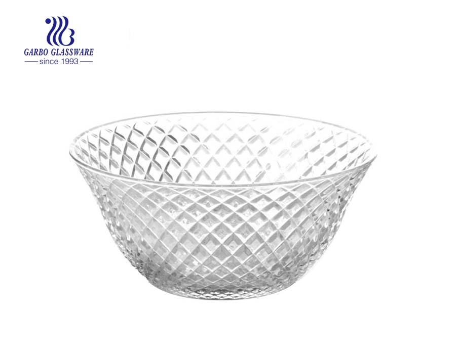 6.5 inch China manufacturer cheap price glass bowl embossed diamond type lattice design glass salad bowl