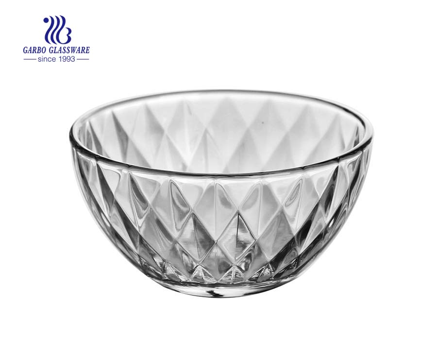 Tazón de vidrio de precio barato del fabricante de China de 6.5 pulgadas, ensaladera de vidrio con diseño de celosía tipo diamante en relieve