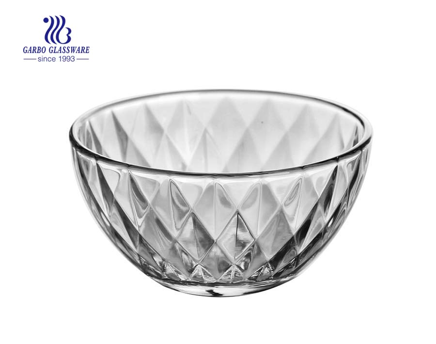 6.5 inch China manufacturer cheap price glass bowl embossed diamond type lattice design glass salad bowl